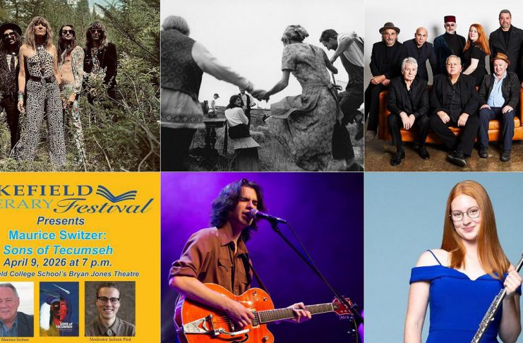 encoreNOW – March 23, 2026 encoreNOW for March 23, 2026 features (from left to right, top and bottom) The Damn Truth at Lindsay's FLATO Academy Theatre, Public Energy's screening of Laura Taler's dance films "the village trilogy" and "Matryoshka Crush" at the Art Gallery of Peterborough, The Maple Blues Revue at Peterborough's Market Hall, author Maurice Switzer at Lakefield College School, Nicholas Campbell and the Metre Cheaters at Peterborough's Market Hall, and flautist Gillian Derer as guest artist as the Peterborough Symphony Orchestra's "Inspired" concert at Peterborough's Showplace. (kawarthaNOW collage)