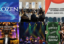 encoreNOW for March 9, 2026 features (from left to right, top and bottom) "Frozen: The Broadway Musical" at Peterborough's Showplace, St. Patrick's Day Kitchen Party at Camp Kawartha Environment Centre, "Screwball Comedy" at Peterborough Theatre Guild, The Rock Orchestra by Candlelight at Peterborough Memorial Centre, "It's Too Late To Stop Now - The Music of Van Morrison" at Cobourg's Victoria Hall, and The Great Canadian Fiddle Show at Peterborough's Market Hall. (kawarthaNOW collage)