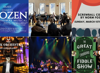 encoreNOW for March 9, 2026 features (from left to right, top and bottom) "Frozen: The Broadway Musical" at Peterborough's Showplace, St. Patrick's Day Kitchen Party at Camp Kawartha Environment Centre, "Screwball Comedy" at Peterborough Theatre Guild, The Rock Orchestra by Candlelight at Peterborough Memorial Centre, "It's Too Late To Stop Now - The Music of Van Morrison" at Cobourg's Victoria Hall, and The Great Canadian Fiddle Show at Peterborough's Market Hall. (kawarthaNOW collage)