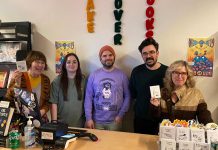 Erica Richmond (right), pictured with (left to right) author Jessica Westhead, illustrator Jordan Brown, and Take Cover Books owners Sean and Andrew Fitzpatrick, was one of four local authors who celebrated the launch of their new "little books" published by the Give a Sheet Press at the Highly Likely Festival of Music and Literature on February 28, 2026 at Take Cover Books in Peterborough's East City. Every quarter, Give a Sheet Press publishes four little books of up to 2,500 words each. Richmond's book "Suicide After Parenting" explores grief through visual and experimental essay forms. (Photo courtesy of Erica Richmond)