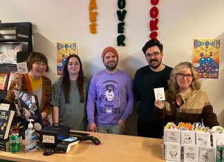 Erica Richmond (right), pictured with (left to right) author Jessica Westhead, illustrator Jordan Brown, and Take Cover Books owners Sean and Andrew Fitzpatrick, was one of four local authors who celebrated the launch of their new "little books" published by the Give a Sheet Press at the Highly Likely Festival of Music and Literature on February 28, 2026 at Take Cover Books in Peterborough's East City. Every quarter, Give a Sheet Press publishes four little books of up to 2,500 words each. Richmond's book "Suicide After Parenting" explores grief through visual and experimental essay forms. (Photo courtesy of Erica Richmond)