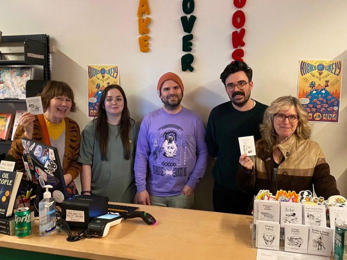 Erica Richmond (right), pictured with (left to right) author Jessica Westhead, illustrator Jordan Brown, and Take Cover Books owners Sean and Andrew Fitzpatrick, was one of four local authors who celebrated the launch of their new "little books" published by the Give a Sheet Press at the Highly Likely Festival of Music and Literature on February 28, 2026 at Take Cover Books in Peterborough's East City. Every quarter, Give a Sheet Press publishes four little books of up to 2,500 words each. Richmond's book "Suicide After Parenting" explores grief through visual and experimental essay forms. (Photo courtesy of Erica Richmond)