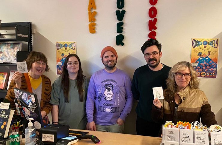 Erica Richmond (right), pictured with (left to right) author Jessica Westhead, illustrator Jordan Brown, and Take Cover Books owners Sean and Andrew Fitzpatrick, was one of four local authors who celebrated the launch of their new "little books" published by the Give a Sheet Press at the Highly Likely Festival of Music and Literature on February 28, 2026 at Take Cover Books in Peterborough's East City. Every quarter, Give a Sheet Press publishes four little books of up to 2,500 words each. Richmond's book "Suicide After Parenting" explores grief through visual and experimental essay forms. (Photo courtesy of Erica Richmond)
