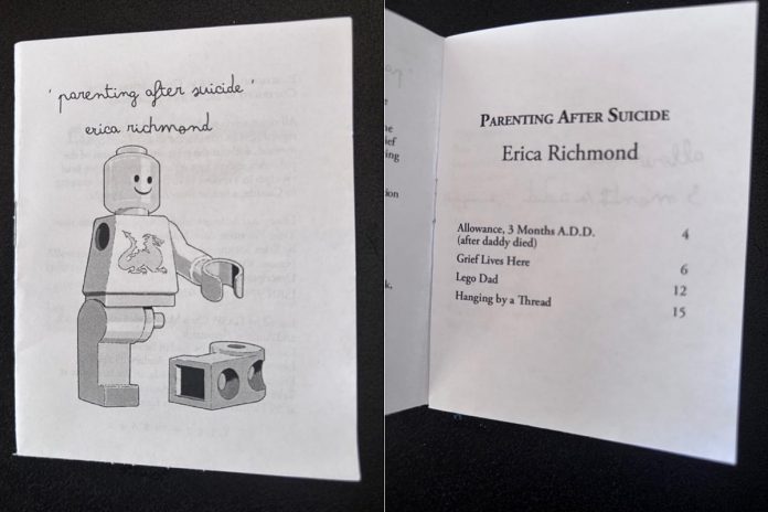 With cover art by Jordan Brown, Erica Richmond's little book "Parenting After Suicide" features four short and visual essays that chronicle her experience parenting after the death of her children's father. All short pieces are from her collection of creative nonfiction essays "Yelling At Dead People," with the visual components offering an "extra element of protection" for readers when she is writing about challenging topics. (Photos courtesy of Erica Richmond)