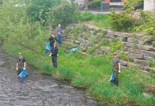 Donning hip waders and safety gear, staff from Engage Engineering collect garbage in and along the creek beside their downtown Peterborough office every spring, and plant native species along the banks of the creek. The efforts of the business are bringing wildlife back to the area. Pictured are Steven Dingman, Dominik Jedrzejewski, Logan Mattern, and Joshua Burke. (Photo courtesy of Engage Engineering)
