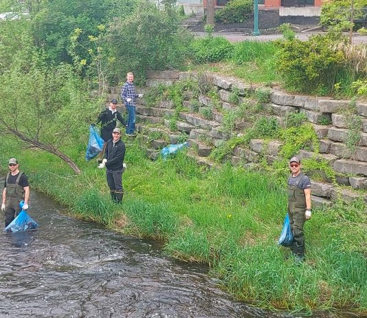 Donning hip waders and safety gear, staff from Engage Engineering collect garbage in and along the creek beside their downtown Peterborough office every spring, and plant native species along the banks of the creek. The efforts of the business are bringing wildlife back to the area. Pictured are Steven Dingman, Dominik Jedrzejewski, Logan Mattern, and Joshua Burke. (Photo courtesy of Engage Engineering)
