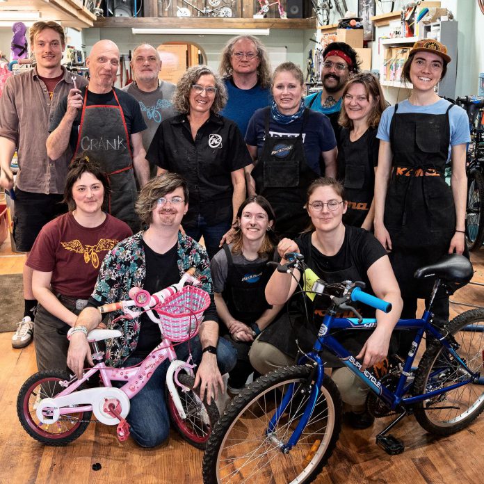 B!KE staff and volunteers at Kids Bike Build day on April 13, 2025 at the community bike shop's location in downtown Peterborough. In 2025, B!KE received an Ontario Trillium Foundation Grow grant to increase the number of bikes donated and provide recipients with accessories and skills training. (Photo: Luke Best)