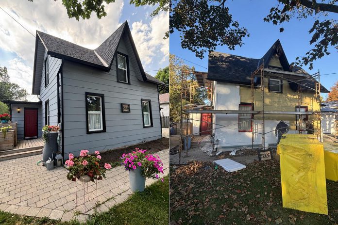 When Kat Senyk purchased her house, the EnerGuide inspection revealed the home consumed 191 per cent more energy than a typical new house of a similar size. The walls were mostly uninsulated, the building was drafty, and the exterior wood siding was in need of updating. During the installation of the exterior insulation and finish system (EIFS), scaffolding was placed around the house for about a month, as each layer of the system was applied. Since the work was done from the outside, the house was livable during the entire process. (Photos: Kat Senyk)