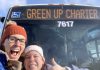 GreenUP education program coordinator Melanie Ellison and education and active transportation program manager Ashley Burnie Seeds in front of the Peterborough Transit bus that served as a classroom for Grade 7 and 8 students from St. Paul Catholic Elementary School in Lakefield on February 12, 2026. The students experienced hands-on education to familiarize them with riding transit safely and with confidence. (Photo: Melanie Ellison / GreenUP)