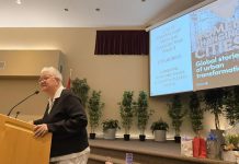 Town Ward councillor Joy Lachica speaking at an International Women's Day hosted by the Women's Business Network of Peterborough on March 4, 2026, where she announced her intention to seek re-election in Town Ward, which includes downtown Peterborough, in the October municipal election. (Photo: Jeannine Taylor / kawarthaNOW)
