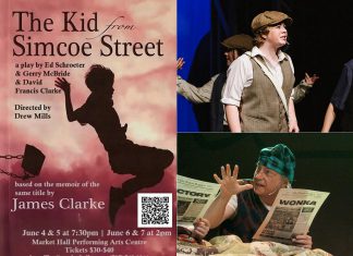 Trent Valley Archives Theatre has announced the 14-member cast of its third history play, "The Kid from Simcoe Street," which runs from June 4 to 7, 2026 at Market Hall Performing Arts Centre in downtown Peterborough. In the play, which is based on the memoir of retired justice and poet James Clarke of his childhood in Peterborough, three actors will portray Clarke as a child, teen, and senior, including Charlie Harris, Zoe Shufelt (top right) and Jim Mills (bottom right). (Poster and photos courtesy of Trent Valley Archives Theatre)