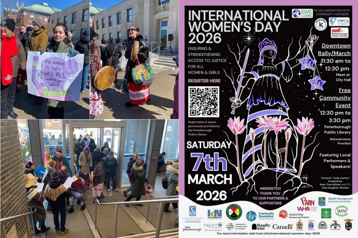 Photo from the 2025 International Women's Day event organized by Kawartha Sexual Assault Centre and Kawartha World Issues Centre and supported by the Peterborough Public Library. The YWCA Peterborough Haliburton is also partnering with the organizations for the 2026 event on Saturday, March 7, which includes a rally and march to a community event at the library featuring music, food, a keynote, and conversations. The poster artwork for the 2026 event was created by Nuin-Tara Wilson (Star Daughter Woman), a Cree artist in Nogojiwanong. (Photos courtesy of KSAC/KWIC)