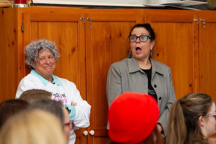 kawarthaNOW's Jeannine Taylor (right), who won the Legacy award at the inaugural Luminary Awards for Women in Business in 2025, reacts during the nominee announcement for the second annual Luminary Awards for Women in Business at the Peterborough and the Kawarthas Chamber of Commerce offices on February 11, 2026. (Photo: Jordan Lyall Photography)