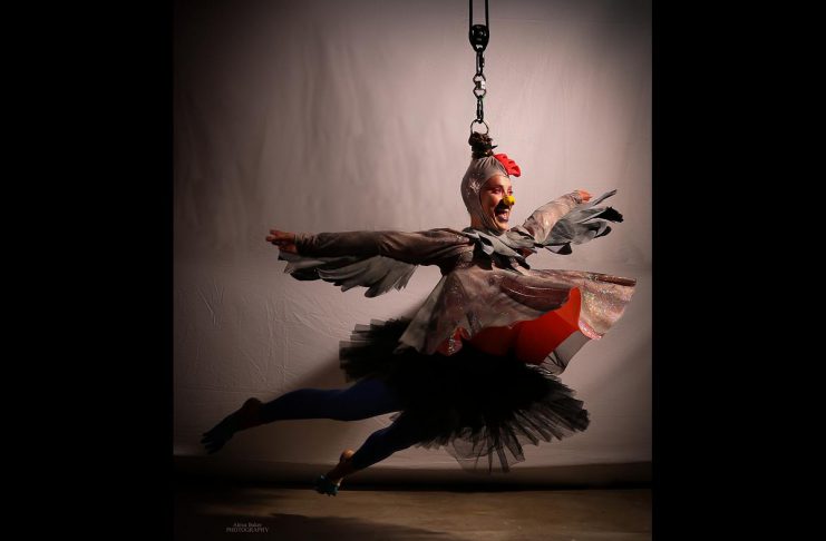 Circus, physical theatre, and visual artist Nicole Malbeuf is one of 17 Peterborough-area artists who have received a grant from Electric City Culture Council through the 2025 grants for individual artists program. Malbeuf is working on a children's story/art book adaptation of her 2021 live circus-theatre performance piece "A Hen Called Freedom" (pictured), a draft of which she will read from accompanied by projected images from the live show during Public Energy's "Rough Cuts #2" on March 13, 2026 at The Theatre On King in downtown Peterborough. (Photo courtesy of Public Energy Performing Arts)
