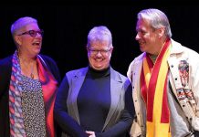 Nogojiwanong Indigenous Fringe Festival (NIFF) co-founders during the original 2020 announcement of the world's first and only Indigenous fringe festival, before it was postponed until 2021 because of the pandemic. Pictured are Joeann Argue, assistant professor in Indigenous performance at Trent University, Lee Bolton, theatre coordinator of Nozhem First Peoples Performance Space at Trent University, and Drew Hayden Taylor, the award-winning Indigenous playwright, author, columnist, and filmmaker who first proposed the idea of the festival in 2019. (Photo courtesy of NIFF)