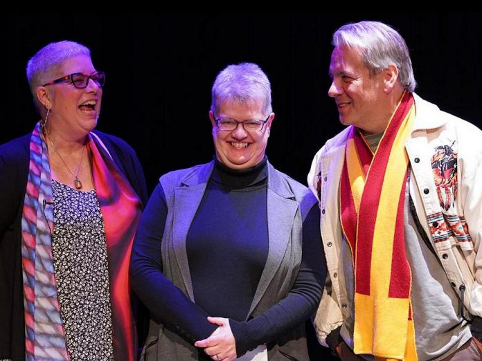Nogojiwanong Indigenous Fringe Festival (NIFF) co-founders during the original 2020 announcement of the world's first and only Indigenous fringe festival, before it was postponed until 2021 because of the pandemic. Pictured are Joeann Argue, assistant professor in Indigenous performance at Trent University, Lee Bolton, theatre coordinator of Nozhem First Peoples Performance Space at Trent University, and Drew Hayden Taylor, the award-winning Indigenous playwright, author, columnist, and filmmaker who first proposed the idea of the festival in 2019. (Photo courtesy of NIFF)
