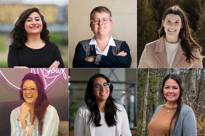 Speakers at "A Conversation about the Status of Women in our Community" on March 31, 2026 at the Market Hall Performing Arts Centre in downtown Peterborough will include (left to right, top and bottom) Maryam Monsef of ONWARD, Peterborough and Kawarthas Chamber of Commerce president and CEO Brenda Whitehead, Peterborough MP Emma Harrison, Tiffany Arcari of The Tiffany Show, Peterborough Downtown Business Improvement Area executive director Nour Mazloum, and Curve Lake First Nation artist Missy Knott. (kawarthaNOW collage)