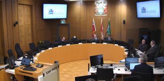 A special meeting of Peterborough city council on March 13, 2026 was adjourned due to a lack of quorum, with only four members of council appearing in person along with one councillor by phone. (kawarthaNOW screenshot of City of Peterborough video)