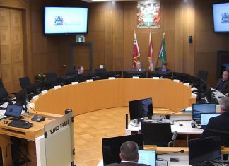 A special meeting of Peterborough city council on March 13, 2026 was adjourned due to a lack of quorum, with only four members of council appearing in person along with one councillor by phone. (kawarthaNOW screenshot of City of Peterborough video)