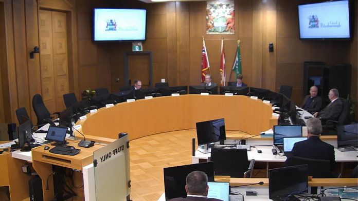 A special meeting of Peterborough city council on March 13, 2026 was adjourned due to a lack of quorum, with only four members of council appearing in person along with one councillor by phone. (kawarthaNOW screenshot of City of Peterborough video)