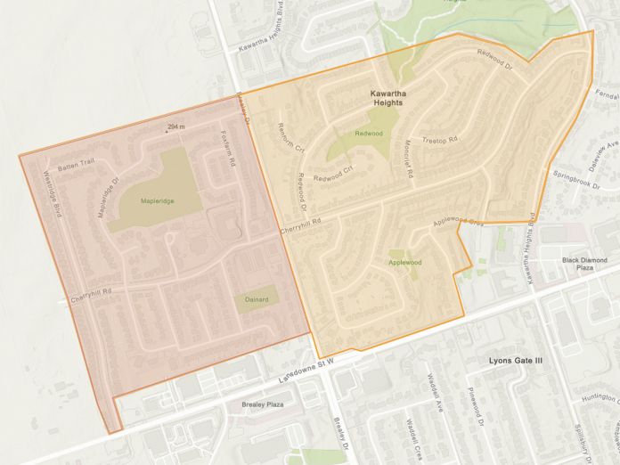 On-street Parking Permit Program - Pilot area #3. (kawarthaNOW screenshot of City of Peterborough map)