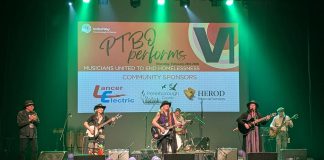 The Hippie Chicks and Company performing on the main stage at Showplace Performance Centre during "Peterborough Performs VI: Musicians United To End Homelessness" on February 26, 2026. Featuring 14 musical acts on two stages, the benefit concert for the United Way Peterborough & District raised $36,236, bringing the grand total raised by the annual event since 2020 to $185,694. (Photo: Danielle Turpin)