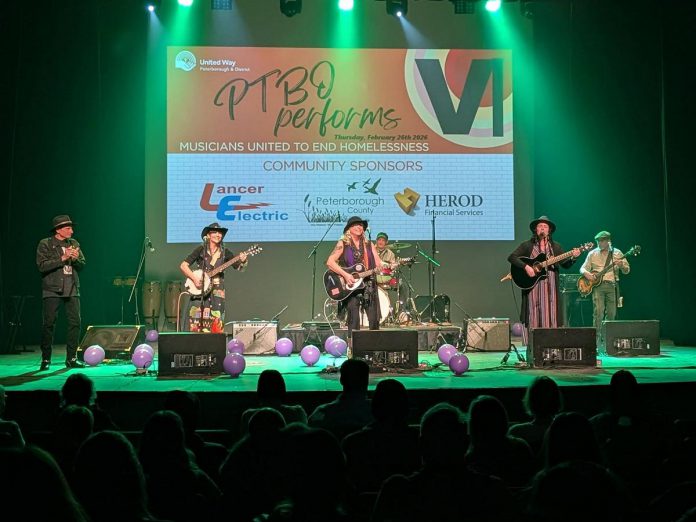 The Hippie Chicks and Company performing on the main stage at Showplace Performance Centre during "Peterborough Performs VI: Musicians United To End Homelessness" on February 26, 2026. Featuring 14 musical acts on two stages, the benefit concert for the United Way Peterborough & District raised $36,236, bringing the grand total raised by the annual event since 2020 to $185,694. (Photo: Danielle Turpin)