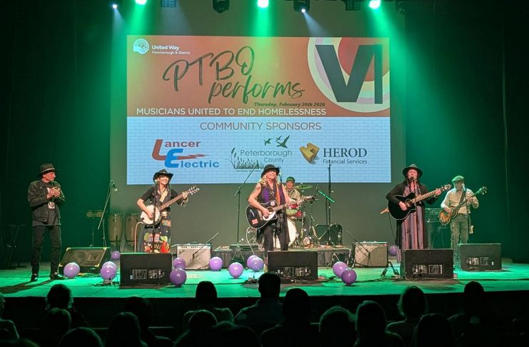 The Hippie Chicks and Company performing on the main stage at Showplace Performance Centre during "Peterborough Performs VI: Musicians United To End Homelessness" on February 26, 2026. Featuring 14 musical acts on two stages, the benefit concert for the United Way Peterborough & District raised $36,236, bringing the grand total raised by the annual event since 2020 to $185,694. (Photo: Danielle Turpin)