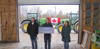 Conservative leader Pierre Poilievre, flanked by Conservative Northumberland-Clarke MP Philip Lawrence and former Conservative Peterborough MP Michelle Ferreri, announcing his party's opposition to the Alto high-speed rail project during a media conference in Keene on March 31, 2026. (kawarthaNOW screenshot of CPAC video)