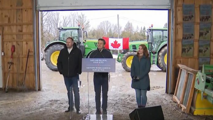 Conservative leader Pierre Poilievre, flanked by Conservative Northumberland-Clarke MP Philip Lawrence and former Conservative Peterborough MP Michelle Ferreri, announcing his party's opposition to the Alto high-speed rail project during a media conference in Keene on March 31, 2026. (kawarthaNOW screenshot of CPAC video) Conservative leader Pierre Poilievre, flanked by Conservative Northumberland-Clarke MP Philip Lawrence and former Conservative Peterborough MP Michelle Ferreri, announcing his party's opposition to the Alto high-speed rail project during a media conference in Keene on March 31, 2026. (kawarthaNOW screenshot of CPAC video)