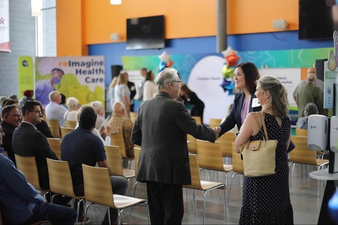 Peterborough Regional Health Centre (PRHC) Foundation president and CEO Lesley Heighway speaks to donors during the launch of the Campaign for PRHC in 2024. The $70 million campaign, the largest in the hospital's history, has raised more than 86 per cent of its goal to date. Early campaign investments include upgrading the cardiac cath lab, opening a new inpatient care recovery space, and developing an outdoor healing space for patients of the Psychiatric Intensive Care Unit. (Photo courtesy of PRHC Foundation)