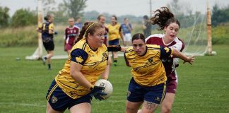 Sarah Batley (with the ball) and Zoe King of the Peterborough Gaelic Athletic Association (GAA), a co-ed Gaelic football club established in 2022. King is one of four female members of the club who have been selected to play for the Canada 1 Team at the 2026 Gaelic Athletic Association (GAA) World Games from July 13 to 17 in Waterford, Ireland. The newly established PTBO Women's Initiative Network (PTBO WIN) is hosting a series of spring fundraisers to cover the costs of sending the four amateur athletes to Ireland. In addition, Batley will be joining the Canada 1 team in Ireland where Peterborough GAA founder Tracy Campbell will be the assistant coach. (Photo courtesy of Peterborough GAA)