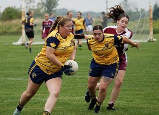 Sarah Batley (with the ball) and Zoe King of the Peterborough Gaelic Athletic Association (GAA), a co-ed Gaelic football club established in 2022. King is one of four female members of the club who have been selected to play for the Canada 1 Team at the 2026 Gaelic Athletic Association (GAA) World Games from July 13 to 17 in Waterford, Ireland. The newly established PTBO Women's Initiative Network (PTBO WIN) is hosting a series of spring fundraisers to cover the costs of sending the four amateur athletes to Ireland. In addition, Batley will be joining the Canada 1 team in Ireland where Peterborough GAA founder Tracy Campbell will be the assistant coach. (Photo courtesy of Peterborough GAA)