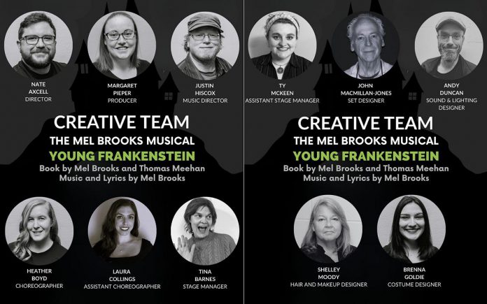 The creative team for the Peterborough Theatre Guild's production of the Mel Brook's musical "Young Frankenstein," based on his classic 1974 horror-comedy film of the same name, which runs for 11 performances from April 17 to May 3, 2026. (Graphics: Peterborough Theatre Guild)