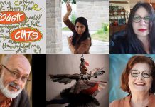 Five local artists will share their works-in-progress when Public Energy Performing Arts presents "Rough Cuts #2" at The Theatre On King in downtown Peterborough on March 13, 2026. Pictured (left to right, top and bottom) are dancer Mintu Maria James, writer Sandra Kasturi, playwright Wyatt Lamoureux, circus arts performer Nicole Malbeuf, and writer Lynn Teatro. (kawarthaNOW collage of supplied photos)