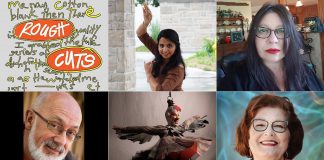 Five local artists will share their works-in-progress when Public Energy Performing Arts presents "Rough Cuts #2" at The Theatre On King in downtown Peterborough on March 13, 2026. Pictured (left to right, top and bottom) are dancer Mintu Maria James, writer Sandra Kasturi, playwright Wyatt Lamoureux, circus arts performer Nicole Malbeuf, and writer Lynn Teatro. (kawarthaNOW collage of supplied photos)
