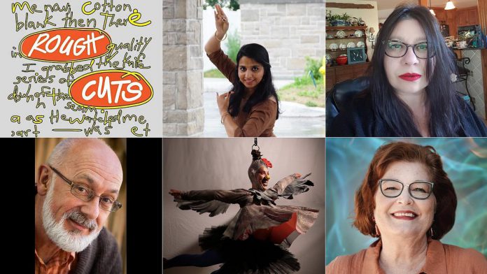 Five local artists will share their works-in-progress when Public Energy Performing Arts presents "Rough Cuts #2" at The Theatre On King in downtown Peterborough on March 13, 2026. Pictured (left to right, top and bottom) are dancer Mintu Maria James, writer Sandra Kasturi, playwright Wyatt Lamoureux, circus arts performer Nicole Malbeuf, and writer Lynn Teatro. (kawarthaNOW collage of supplied photos)