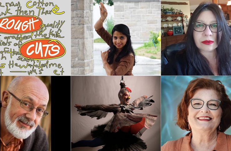 Five local artists will share their works-in-progress when Public Energy Performing Arts presents "Rough Cuts #2" at The Theatre On King in downtown Peterborough on March 13, 2026. Pictured (left to right, top and bottom) are dancer Mintu Maria James, writer Sandra Kasturi, playwright Wyatt Lamoureux, circus arts performer Nicole Malbeuf, and writer Lynn Teatro. (kawarthaNOW collage of supplied photos)