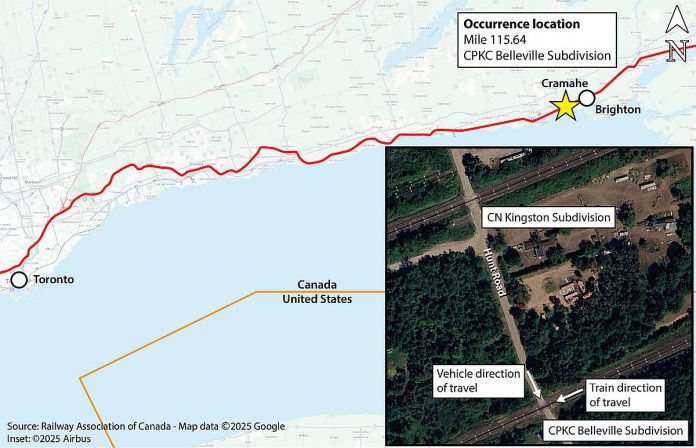 Main image showing the collision location in relation to Toronto, with the inset image showing an aerial view of the Hunt Road grade crossing where the collision took place. (Graphic: Railway Association of Canada, Canadian Rail Atlas, Google Maps)