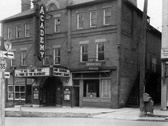 Designed by Peterborough architect W. Blackwell, the 900-seat Academy Theatre in Lindsay opened its doors in 1893. Famous performers included a five-year-old Marie Dressler, a young Sammy Davis Jr. and the Marx Brothers. Pictured is the theatre circa 1940, showing the films "It All Came True" and "Pride of the Blue Grass." In 1953, the theatre began to struggle after the opening of tje new movie show-house The Century Theatre and, over the next decade, the theatre was often closed and eventually was put up for sale. (Photo: FLATO Academy Theatre)