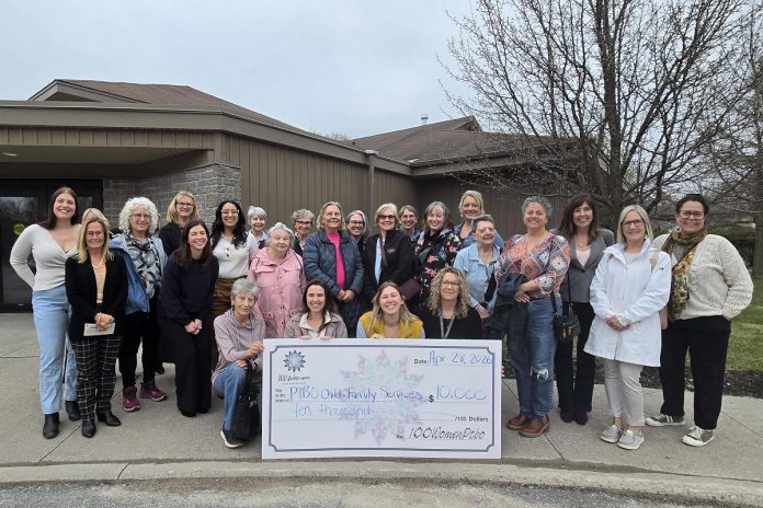 Members of 100 Women Peterborough outside Ashburnham Funeral Home & Reception Centre on April 28, 2026, where they presented a $10,000 cheque to Peterborough Child and Family Centres, representing the collective donations of the members of the group. (Photo: Jeannine Taylor / kawarthaNOW)
