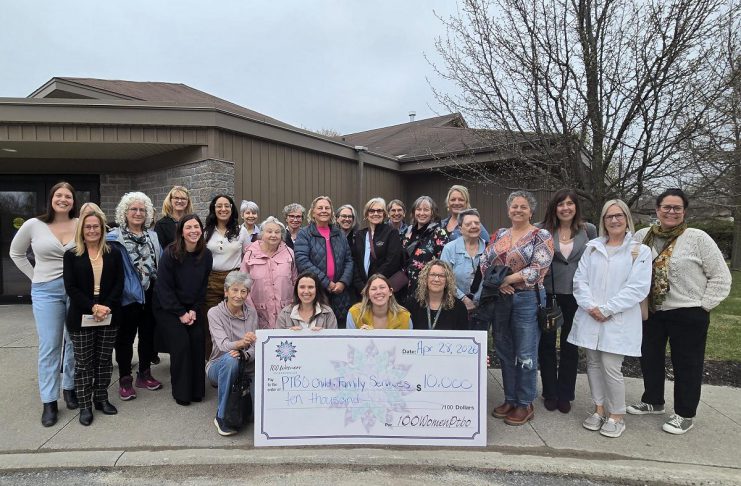 Members of 100 Women Peterborough outside Ashburnham Funeral Home & Reception Centre on April 28, 2026, where they presented a $10,000 cheque to Peterborough Child and Family Centres, representing the collective donations of the members of the group. (Photo: Jeannine Taylor / kawarthaNOW)