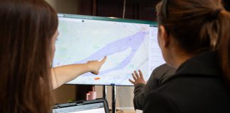 An Alto representative points to the proposed corridor in eastern and central Ontario during an open house in Peterborough on February 26, 2026 for the 1,000-kilometre high-speed rail network between between Toronto and Québec City. (Photo: Jordan Lyall / kawarthaNOW)