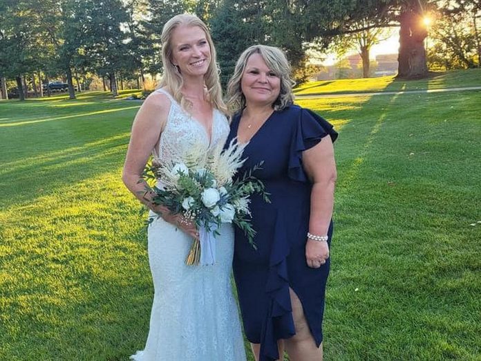 Brianne Thompson and Jennifer Morrissey at Brianne's wedding to Alan Thompson in September 2023, just weeks after Brianne was diagnosed with stage 4 metastatic breast cancer. The pair were "partners in crime" for 20 years since they met while working as registered nurses at Peterborough Regional Health Centre. Jennifer says Brianne would have loved that her final positive post on Threads has gone viral, with many people sharing their own cancer stories and appreciation for life. (Facebook photo)