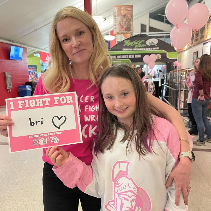 Brianne Thompson with her niece at the 2024 Peterborough Petes' annual Pink at the Rink night in support of Survivors Abreast and local breast cancer care. Brianne was diagnosed with stage for metastatic breast cancer in August 2023, but, after 13 rounds of chemotherapy, her scans were all clear. She showed no symptoms that the cancer had spread to her brain until she began experiencing fatigue and memory loss at the end of March 2026, ultimately leading to her decision to choose Medical Assistance in Dying. (Facebook photo)