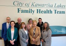 Members of the City of Kawartha Lakes Family Health Team, including executive director Mike Perry (third from left), with Haliburton-Kawartha Lakes-Brock MPP Laurie Scott (third from right) during an announcement on April 20, 2026 of $1,834,000 in funding under the Ontario government's Primary Care Action Plan. (Photo: City of Kawartha Lakes Family Health Team)
