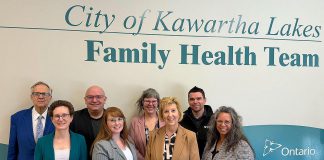 Members of the City of Kawartha Lakes Family Health Team, including executive director Mike Perry (third from left), with Haliburton-Kawartha Lakes-Brock MPP Laurie Scott (third from right) during an announcement on April 20, 2026 of $1,834,000 in funding under the Ontario government's Primary Care Action Plan. (Photo: City of Kawartha Lakes Family Health Team)
