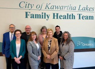Members of the City of Kawartha Lakes Family Health Team, including executive director Mike Perry (third from left), with Haliburton-Kawartha Lakes-Brock MPP Laurie Scott (third from right) during an announcement on April 20, 2026 of $1,834,000 in funding under the Ontario government's Primary Care Action Plan. (Photo: City of Kawartha Lakes Family Health Team)