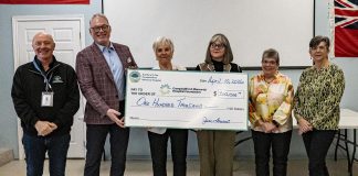 The Campbellford Memorial Hospital (CMH) Auxiliary presented a $100,000 cheque to the CMH Foundation on April 10, 2026 for the purchase of patient equipment at the Trent Hills hospital. Pictured are CMH Foundation executive director John Russell, CMH CEO Jeff Hohenkerk, CMH Auxiliary past president Jill Stewart, CMH Auxiliary president Liz Mathewson, CMH Auxiliary treasurer Lenore Whitney, and CMH Auxiliary gift shop treasurer Peggy Hinan. (Photo: CMH Auxiliary)