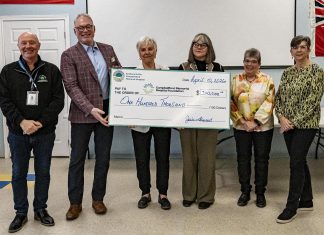 The Campbellford Memorial Hospital (CMH) Auxiliary presented a $100,000 cheque to the CMH Foundation on April 10, 2026 for the purchase of patient equipment at the Trent Hills hospital. Pictured are CMH Foundation executive director John Russell, CMH CEO Jeff Hohenkerk, CMH Auxiliary past president Jill Stewart, CMH Auxiliary president Liz Mathewson, CMH Auxiliary treasurer Lenore Whitney, and CMH Auxiliary gift shop treasurer Peggy Hinan. (Photo: CMH Auxiliary)